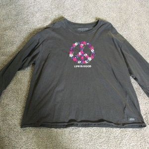 Womens Life Is Good Gray w embroidered flower peace sign long sleeved tee XL
